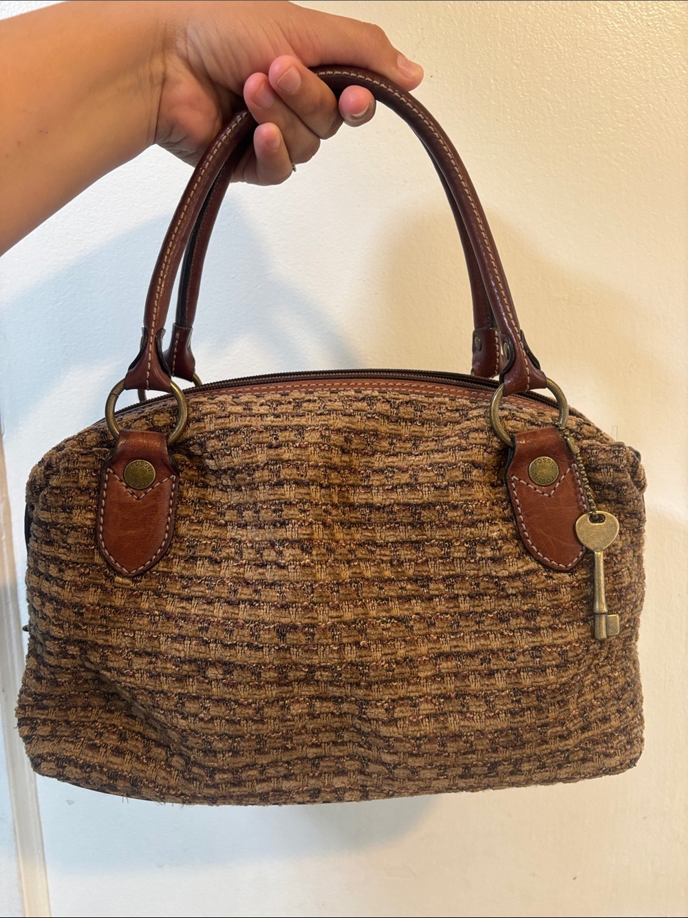 Fossil Brown Tweed Satchel with Leather Handles and Key Charm